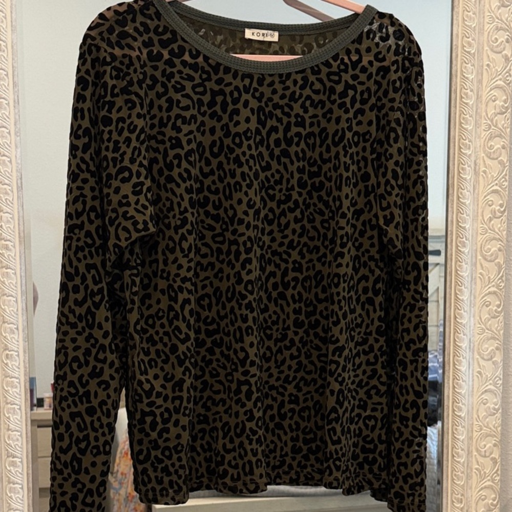 Dark Green Leopard Print Mesh Long Sleeve Top